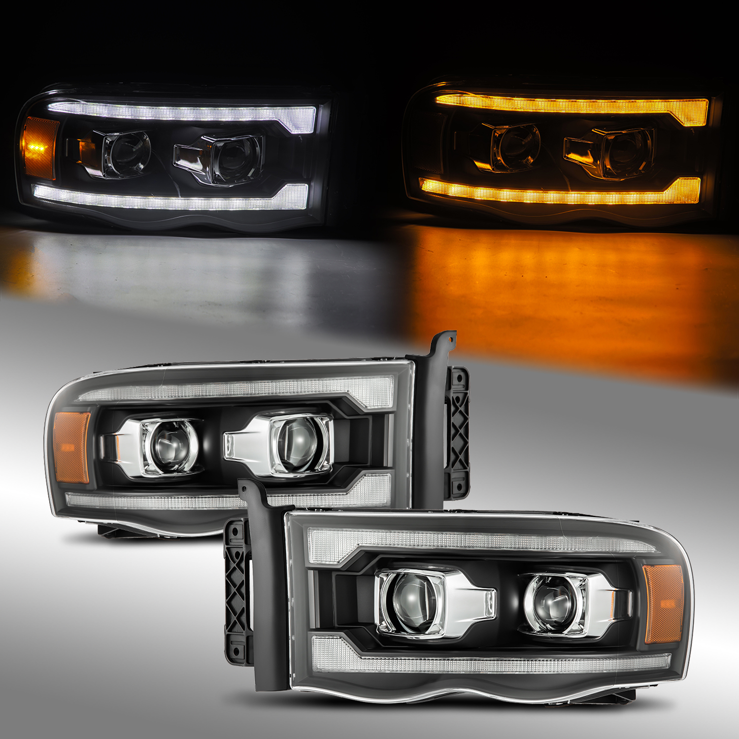 Alpahrex Fit 02-05 Dodge Ram LED DRL Dual Projector Headlights Black (LUXX)