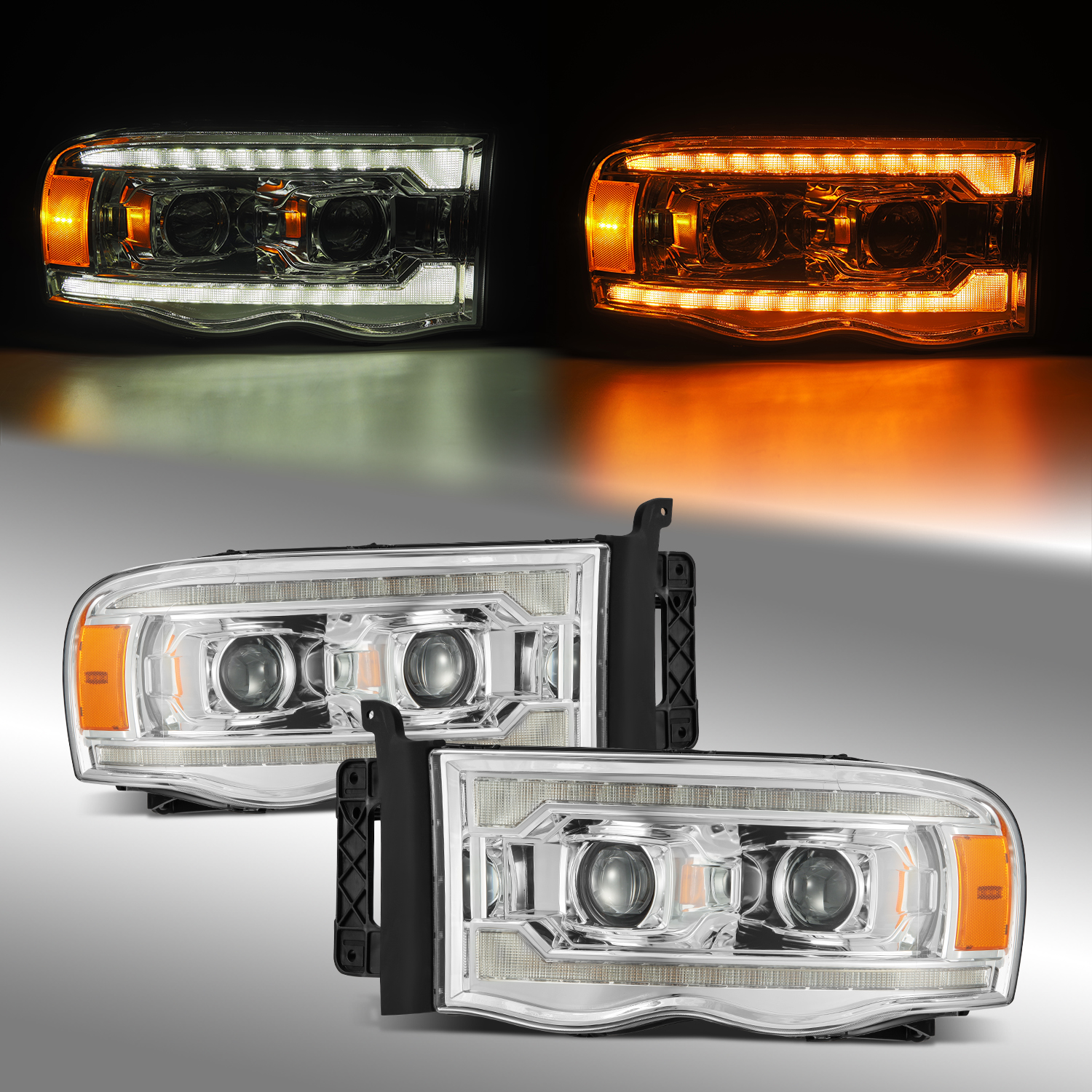 Alpahrex Fit 02-05 Dodge Ram 1500 LED DRL Dual Projector Headlights Chrome