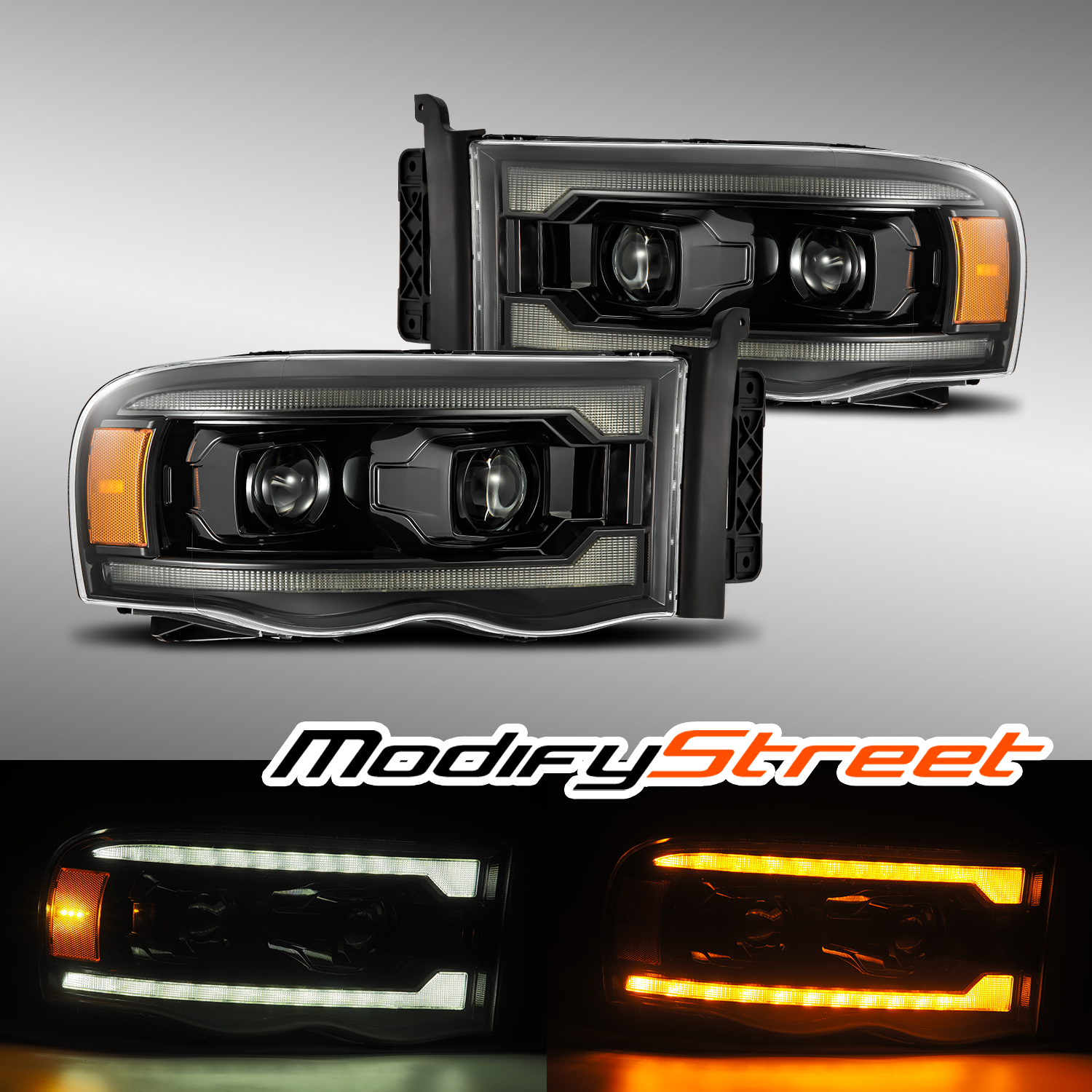 FIT 02-05 Dodge Ram 1500/2500/3500 LED Drl Dual Projector Headlights Alpha Black